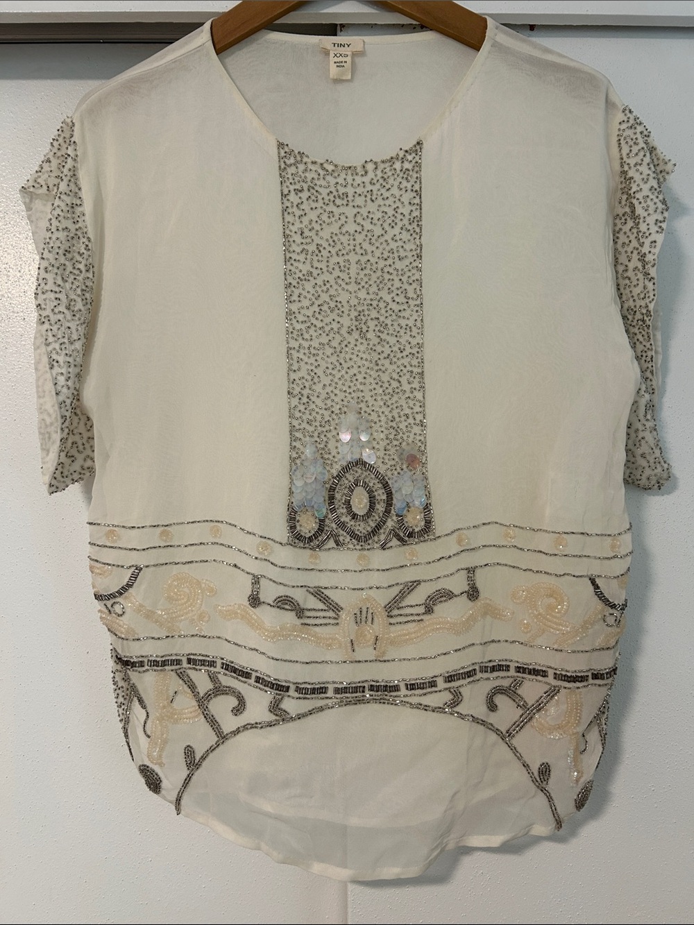 Anthropologie-Tiny Ivory Beaded Short Sleeve Blouse